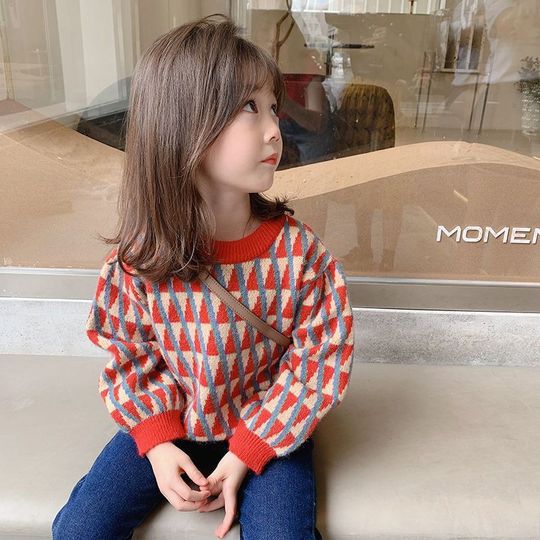 Autumn Winter Baby Girl Sweater Cotton Contrast Geometry Thicken Warm Toddler Girl Pullovers Outwear Kid Girl Bottom Top