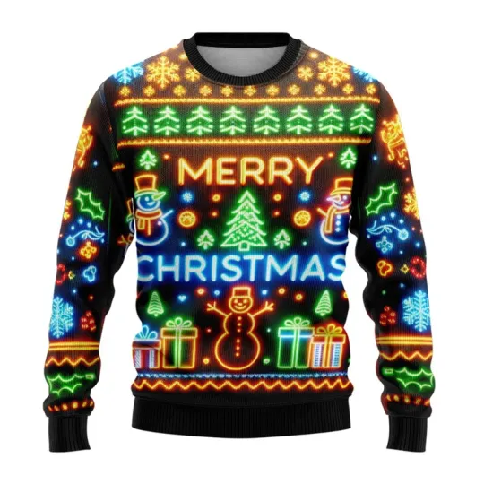 Discover Neon Snowman Graphic Sweatshirts 2025 Merry Christmas 3D Printed Ugly Sweater For Women Clothing Snowflake Gifts Boy Tracksuit