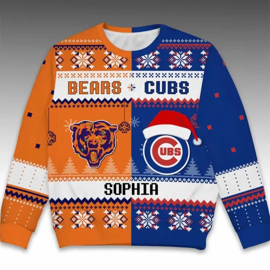 Discover 2025 Bears x Cubs Customized Christmas Ugly Heave Freece Sweater