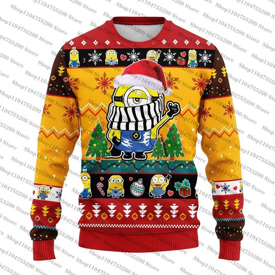 Discover Yellow Red Cute Minions Ugly Christmas Sweater Scarf Christmas Hat Pattern Despicable Me Sweatshirt Family Gifts Pullover Unisex