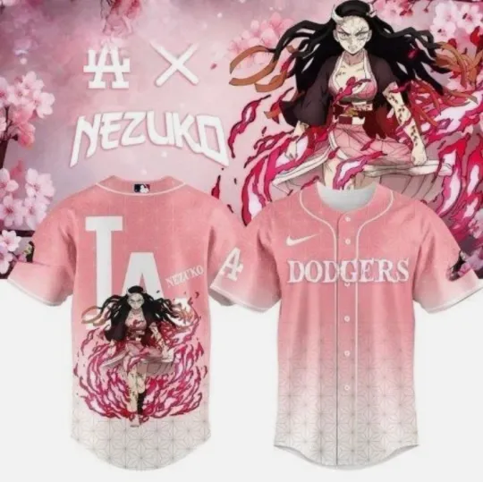 Discover Dodgers x demon Kamado neko Baseball Jersey 2025 Full Print 3D