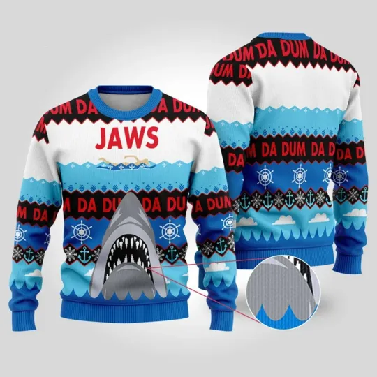 Discover Jaws Shark Blue 3D Ugly Halloween Sweater