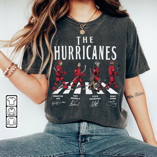 Hurricanes Walking Abbey Road Signatures Ice Hockey Shirt, Sebastian Aho, Tony DeAngelo, Kochetkov, Brent Burns, Carolina Vintage