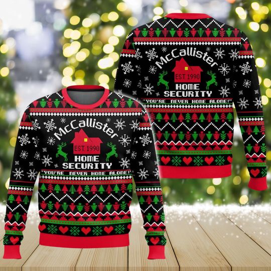 Discover McCallister Home Security Ugly Christmas Sweater, Funny Home Alone Holiday Sweatshirt, 90s Movie Xmas Sweater for Men Women