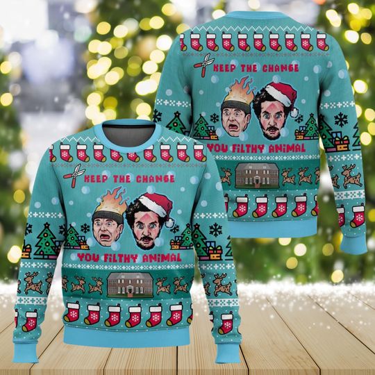 Discover Home Alone Keep The Change Ugly Christmas Sweater, Funny Holiday Sweatshirt, Classic Movie Xmas Sweater for Men Women