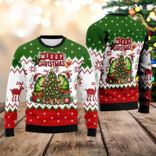 Discover Merry Christmas Frog Ugly Sweater with Frogs and Christmas Tree, Holiday Jumper, Amphibian Xmas Pullover