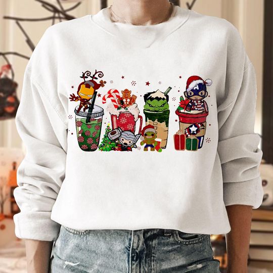 Superhero Coffee Tea Sweatshirt, Iron Man Hulk Captain Thor Latte Drink Cup Epcot Xmas T-Shirt, Hero Christmas Vacation