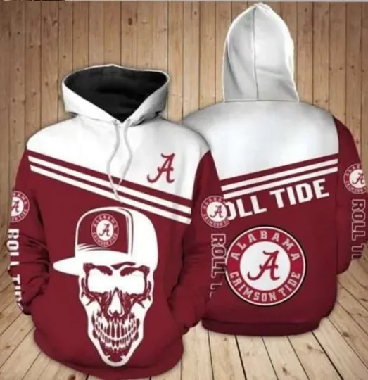 Discover Ala@bama Cri!mson Tide Skull 3D Hoodie, Gift For Fans, Christmas Gift