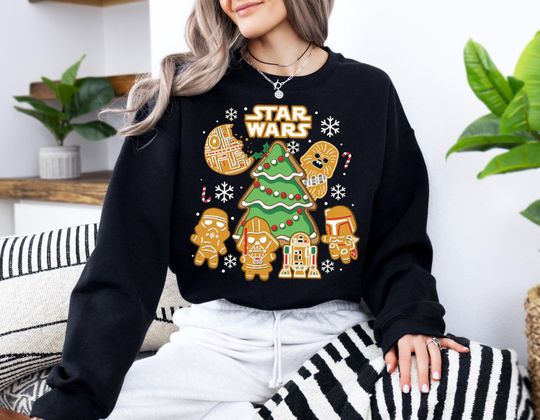 Star Wars Gingerbread Christmas Shirt, Darth Vader Xmas Tree Tee, Mandalorian Gingerbread Xmas Shirt, Chewbacca Christmas Sweatshirt