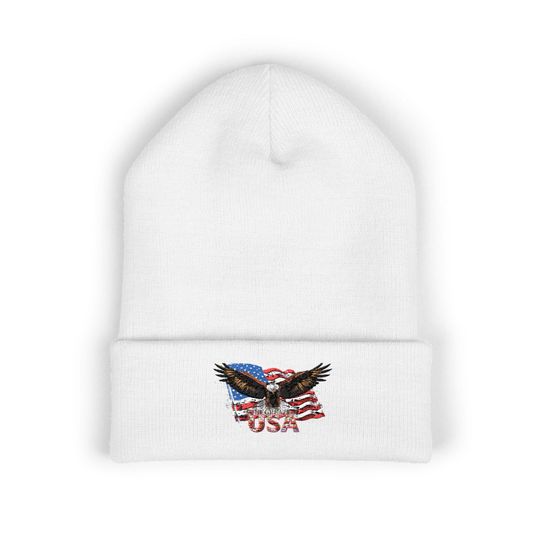 Discover USA Flag, Patriotic Eagle Beanie - Classic Cuffed Knit Hat for All Seasons, USA Flag Beanie, Winter Accessory, Gift for Veterans,