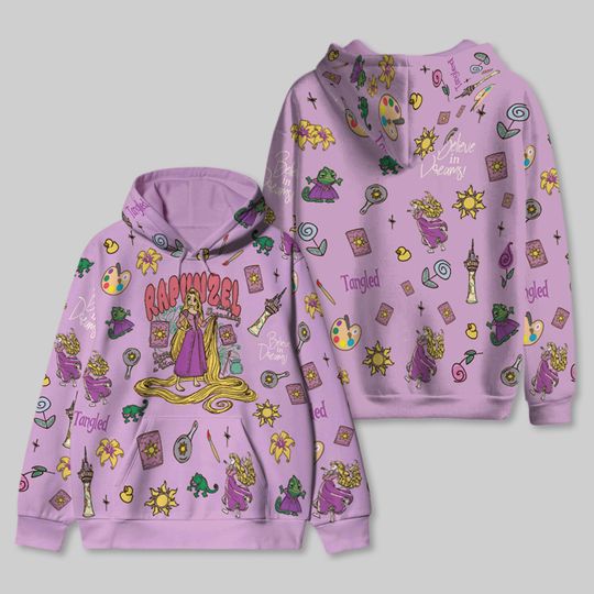 Rapunzel Doodle All Over Print Hoodie, Tangled Lantern Princess Portrait 3D Hoodie