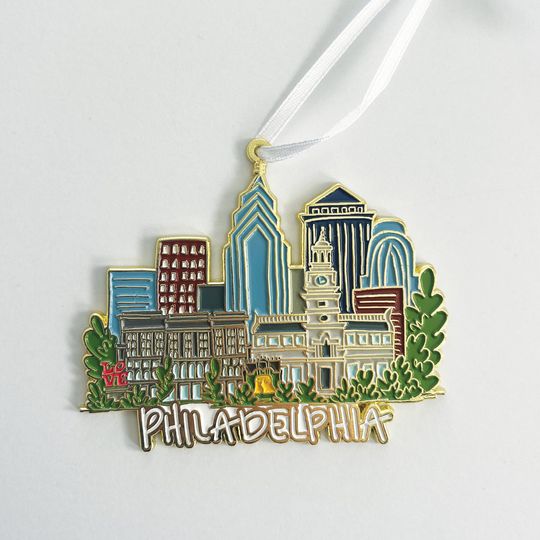 Discover Philadelphia Ornament: Gold Cityscape Holiday Decoration