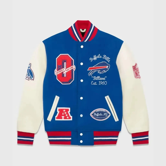 OVO Buffalo Bills Varsity Leather and Wool Baseball Jacket Blue and White Sleeves