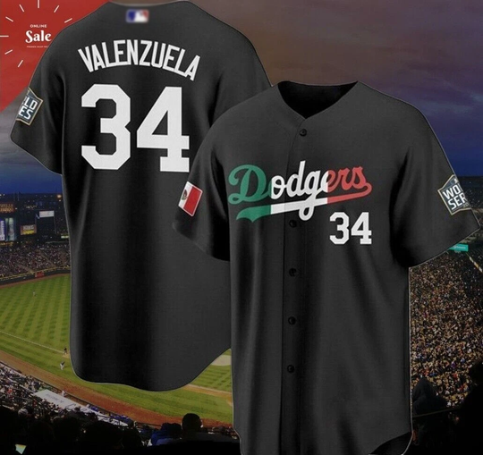 No#34 Black Dodgers Valenzuela Mexico Printed Baseball Jersey Full Print 3D