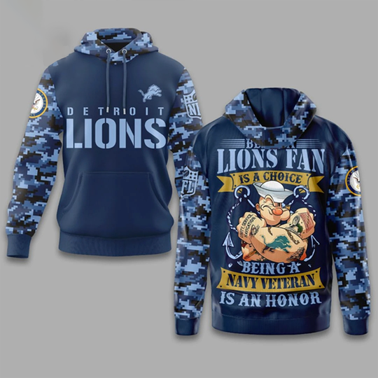 Detroit Lions football Navy Veteran 3D Hooded Sweatshirt