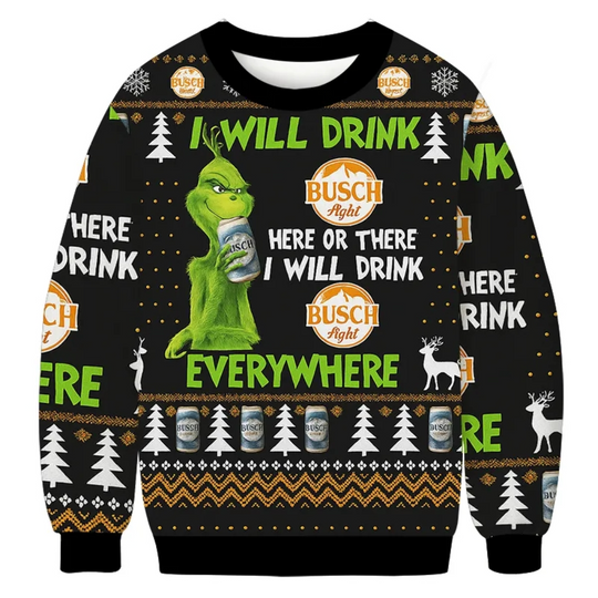 Funny Character Busch Latte Funny Character Will Drink Everywhere 2025 Christmas Ugly Sweatshirt