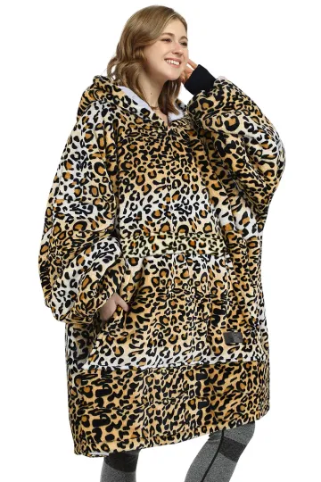 Women Oversized Blanket Hoodie Sweatshirt Warm Soft Fleece Flannel Cheetah Gift