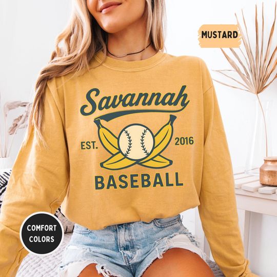 Discover Retro Savannah Baseball Long Sleeve shirt, Vintage Soft Tee, Unisex Comfort Colors Shirt, Summer Sports Top, Banana graphic tee