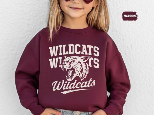 Wildcats Mascot Youth Crewneck Sweatshirt - High School Spirit Sweater, School Kids Sports Team Jumper, School Pride Pullover Gift for Young