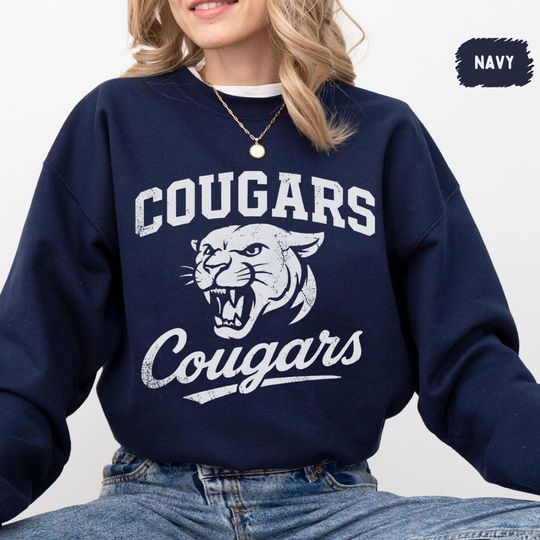 Retro Cougars Mascot Sweatshirt, Vintage Cougar Logo, College Sports Fan Apparel, Graphic Print Jumper, High School Spirit Clothing