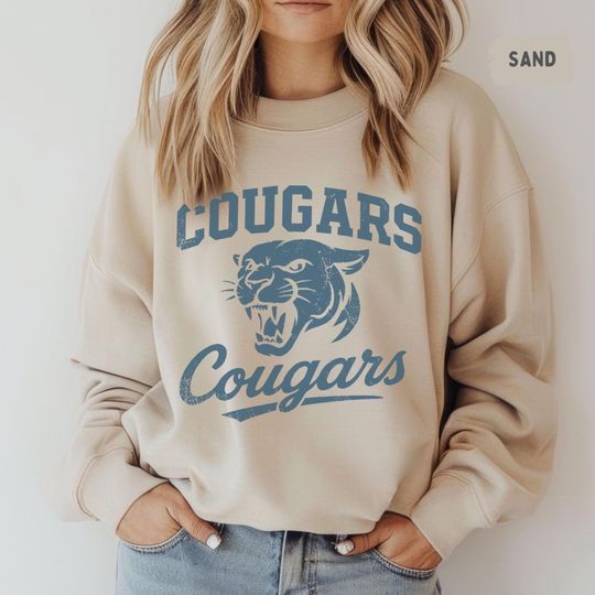 Retro Cougars Mascot Sweatshirt, Vintage Cougar Logo, College Sports Fan Apparel, Graphic Print Jumper, High School Spirit Clothing