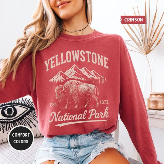 Discover Retro YStone National Park Long Sleeve 6014 Comfort Colors Shirt, Unisex Garment-dyed Tee, Outdoor Adventure Apparel, Nature Lover Gif