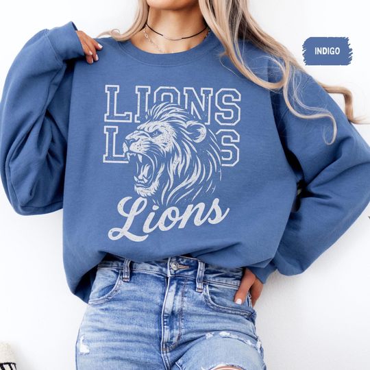 Discover Vintage Lion Mascot Sweatshirt, Retro Lions Graphic Crewneck Jumper, School football Gift, College Spirit Wear, Classic Pullover Sweater