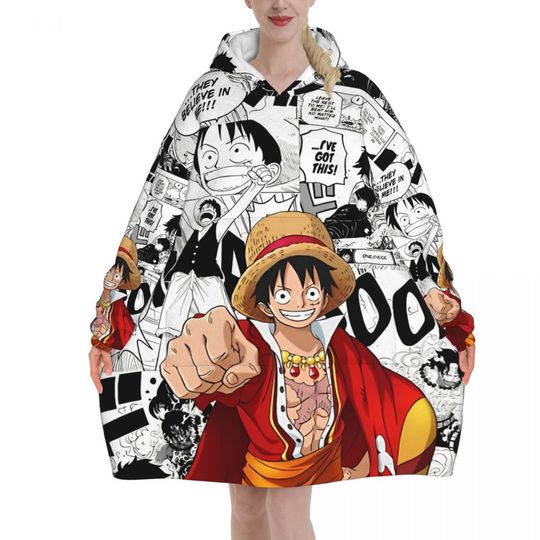 Luffy One Piece Oversized Blanket Hoodie Sweatshirt with Large Pocket for Women Men