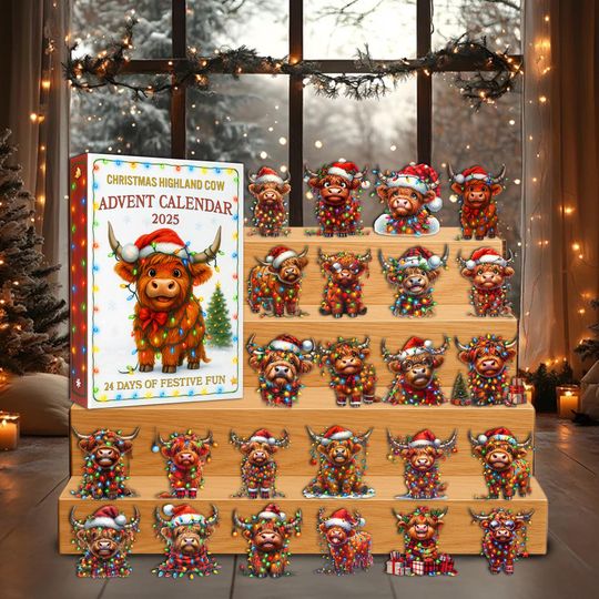 Discover Highland Cow Christmas Advent Calendar 2025,Christmas Highland Cow Acrylic Ornament Set, Holiday Countdown, Kawaii Gift for Christmas Lovers