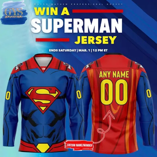 Discover Personalized Macon Mayhem x Superman Hockey Shirt Men's Fan Gear