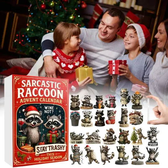 Discover Sarcastic Raccoon Advent Calendar 2025, 24 Days Christmas 2D Countdown Flat