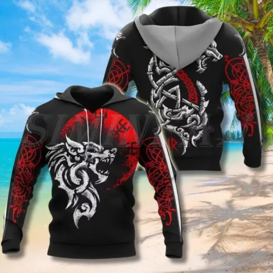 Discover Viking Wolf Hoodie 3D Norse Runes Red Sun Celtic Knot Custom Name Unisex