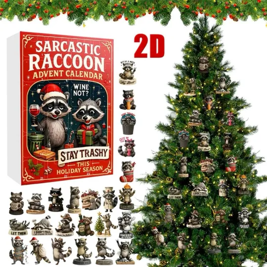 Discover Sarcastic Raccoon Advent Calendar 2025, 24 Days Christmas Flat 2D