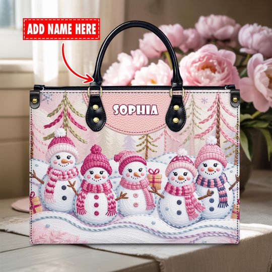 Personalized Pink Christmas Snowman Leather Handbag - Custom Name Holiday Bag with Cute Snowman  - Gift For Her - Christmas Accessories Gift