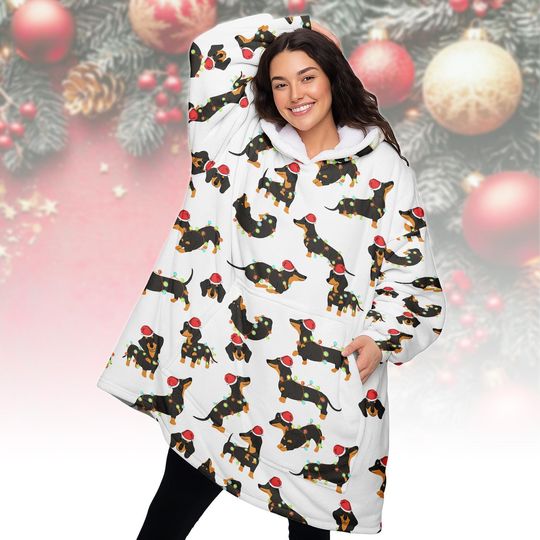 Discover Dachshund Dog Christmas Blanket Hoodie, Funny Sausage Dog Oversized Hoodie, Sausage Dog Sherpa Hoodie, Holiday Gift for Women