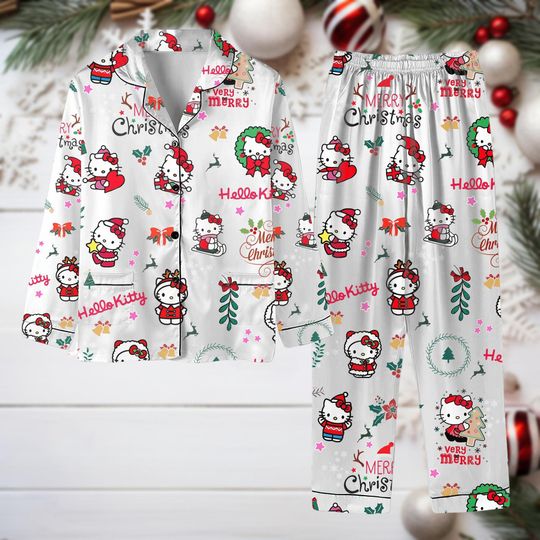 Hello Kitty Christmas Pajamas, Cute Cat Merry Christmas Kid Women Pjs, Christmas Gift, Cute Kitty Shirt, Hello Kitty, Gift For Kids