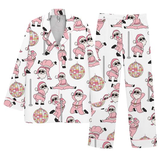 Discover Women's Christmas Pajama Set  Funny Dancing Santa Print Sleepwear, Pink Holiday Loungewear