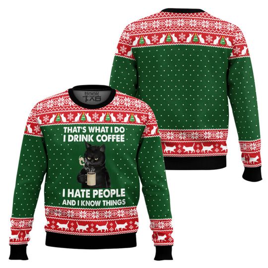 Discover Black Cat Drink Coffee Ugly Christmas Sweaters Multipe Styles Funny Holiday Party Pullover Sweater Family Christmas Gift XS-5XL