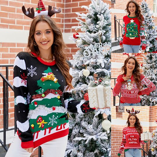 Christmas Sweater Women Men, Xmas Tree Embroidery Knit Sweater, Casual Holiday Party Pullover, Funny Xmas Gift