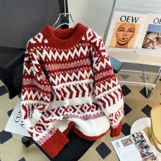 Discover Red Thickened Loose Knitted Sweater Women's Autumn Winter Outerwear Christmas Style Design Lazy Christmas Fashion Women's Sweate