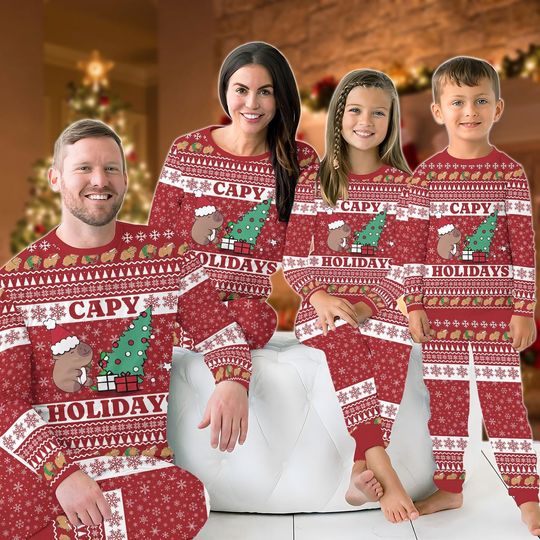 Capybara Christmas Pajamas Set, Funny Capy Holidays Family Matching PJs, Cute Animal Holiday Sleepwear, Xmas Gift for Men Women Kids