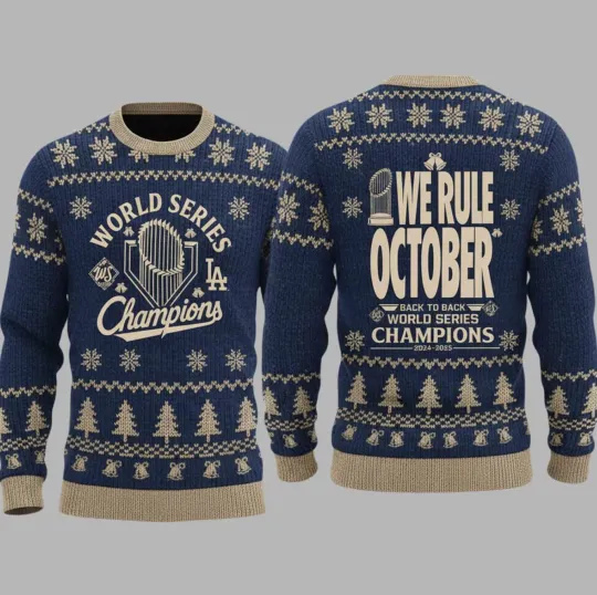 Discover Dodgers 2025 World Series October Back Logo Ugly Sweater