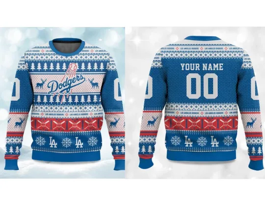Custom Name 2025 Christmas Dodgers Baseball Ugly Sweater