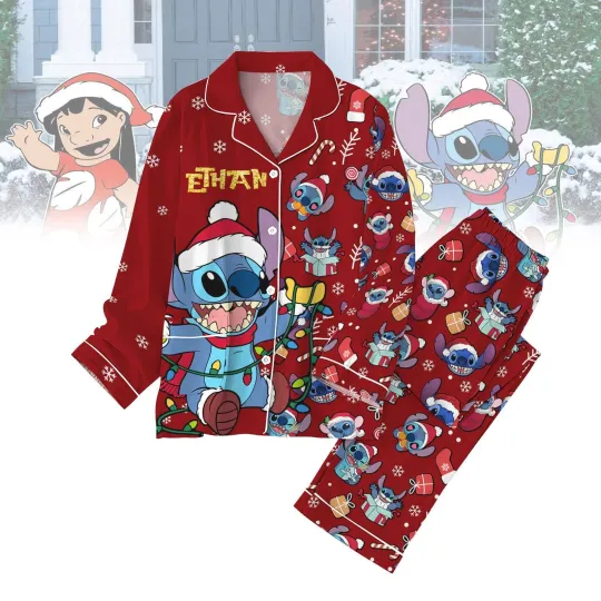 Discover Personalized Stitch Santa Hat Christmas Lights Tis The Season Xmas Pajamas Set