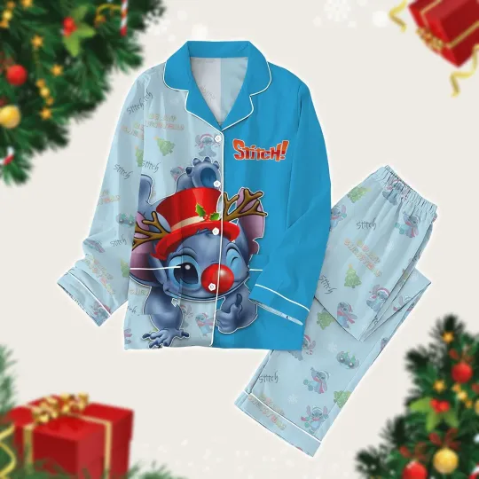 Funny Stitch Merry Christmas Tis The Season To Be Jolly Xmas Holiday Pajamas Set