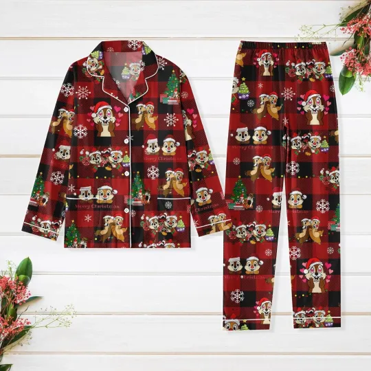 Funny Chip And Dale Santa Double Trouble Merry Christmas Red Plaid Pajamas Set