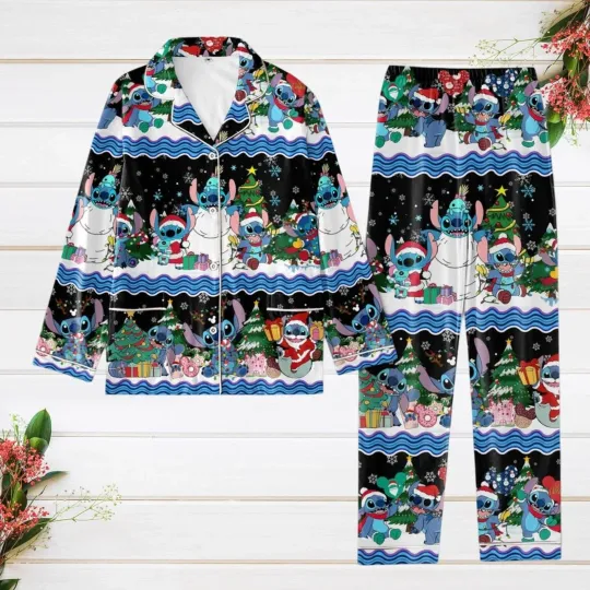 Stitch Santa Claus Merry Christmas Joy To The World Festive Winter Pajamas Set