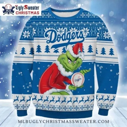 Funny Santa Character 3D Ugly Sweater with LA Dodgers Baseball Design