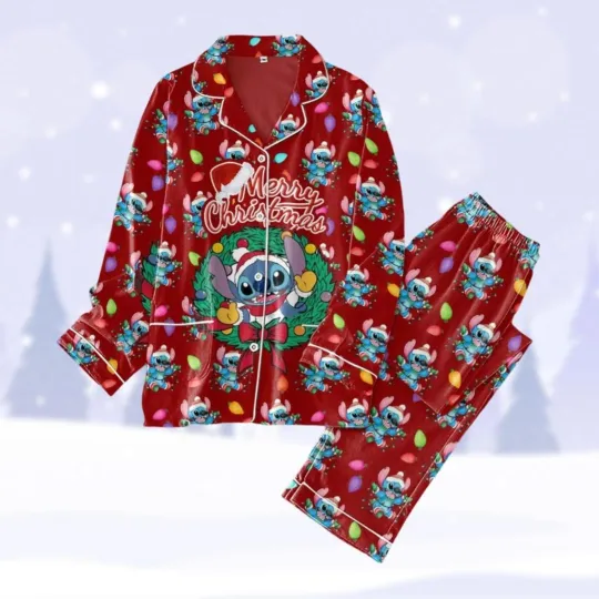 Cute Stitch Santa Hat Christmas Wreath Merry And Bright Red Themed Pajamas Set