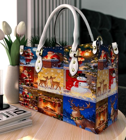 Discover Leather Handbag with Santa Claus, Christmas Tree Shoulder Bag, Vintage Crossbody Bag, Top Handle Leather Bag